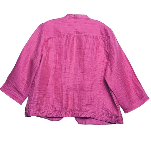 Chico’s Linen Blend Jacket Pink Ruffle Trim Open Front 3/4 Sleeve Blazer - Picture 7 of 12